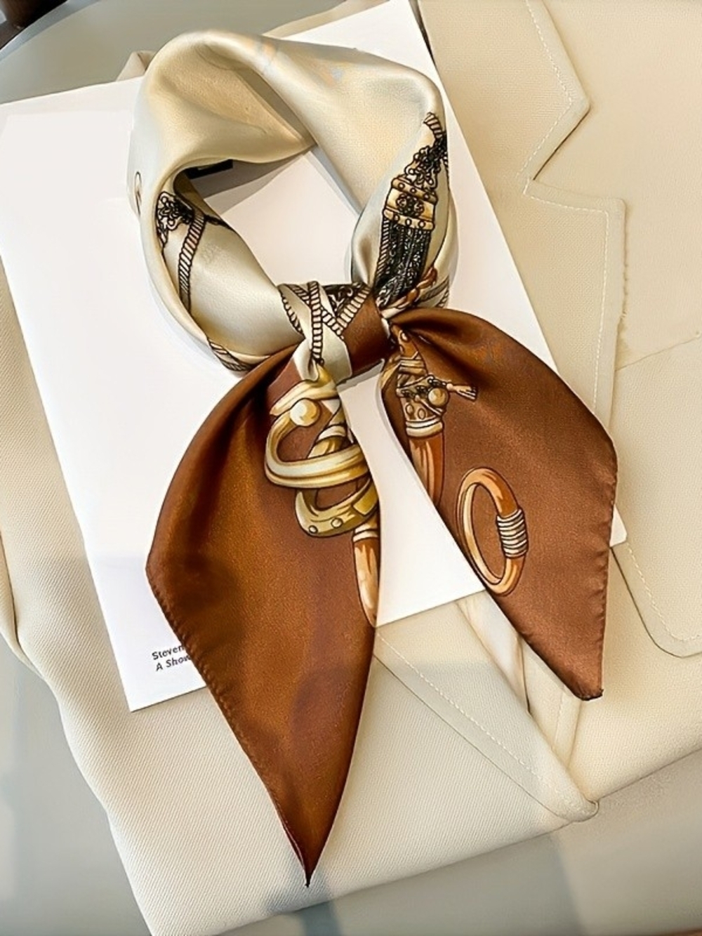 Silk-feel Cream & Brown Equestrian Knot Scarf